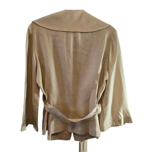 LINEN TOP WRAP JACKET TAN 3/4 SLEEVE SIZE MEDIUM LARGE VNECK COVERED FRONT SNAPS - Picture 5 of 8